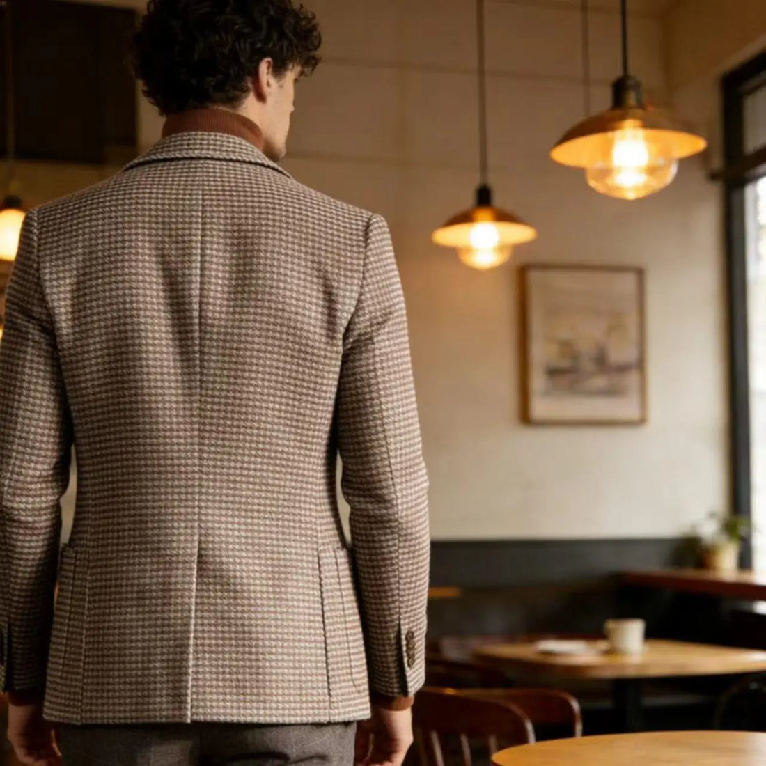 Men's Houndstooth Blazer Luxury Peak Lapel Slim Fit Wool Blend Suit Jacket For Classic Business Casual Fall Winter with Pockets