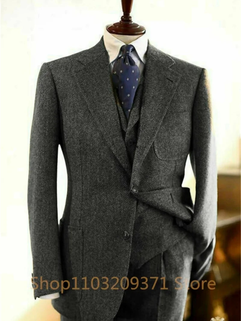 3 Pieces 2024 Men's Suits Gray Tweed Herringbone Slim Fit Business Notch Lapel Tuxedos (Blazer+vest+Pants)