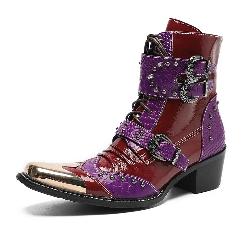 Men's Purple Men's Boots Metal Square Toe Double Buckle Patent Leather Side Zipper Double Buckle Boots Lace Up Party Men's Shoes