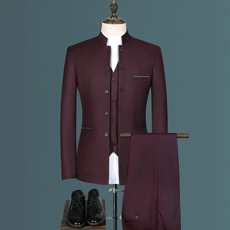 Stand Collar Men Blazer Pants Business Men's Wedding Suit Jacket Coat Trousers Waistcoat High Quality Slim Dress Set