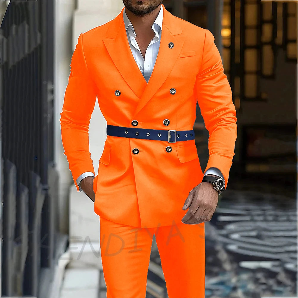 Navy Blue Men's Suit Classic Peak Lapel Blazer Double Breasted Formal Set Two Piece Business Casual Male Clothing Without Belt