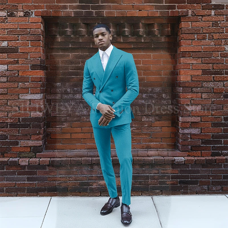 Grey Double Breasted Men's Suit 2 Pieces Jacket Pants Business Casual High Quality Office Stylish Male Clothing