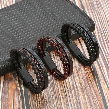 High Quality Leather Bracelet Men Classic Fashion Red Tiger Eye Beaded Multi Layer Leather Bracelet For Men Jewelry Gift