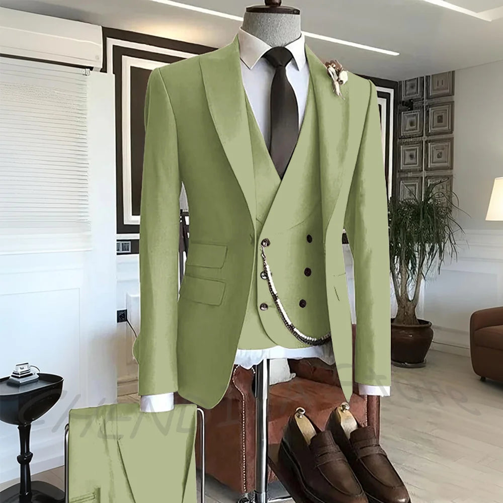 Men's Suit Formal Set 3 Piece Chic Single Button Peak Lapel Slim Fit Outfit Jacket Pants Vest High Quality Business Casual