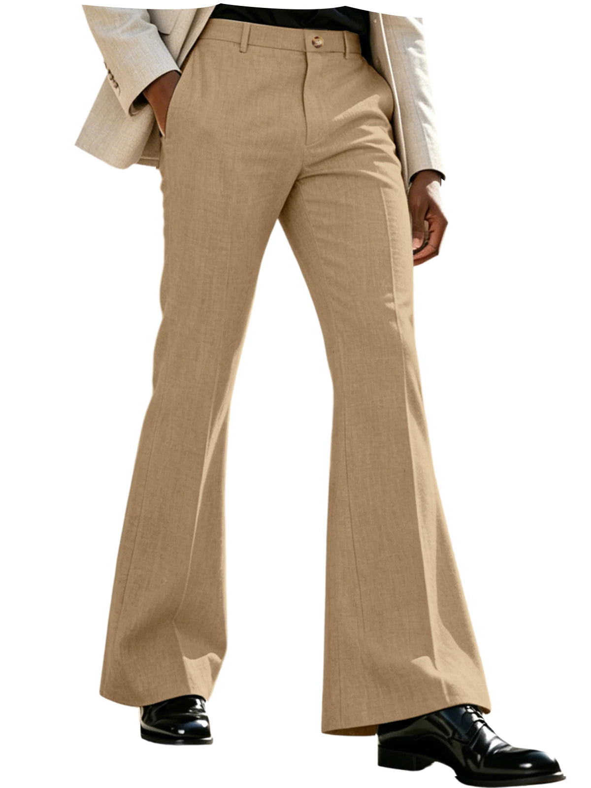 Men's Beige Linen Flare Pants High Waist Bell Bottom Lightweight Wrinkle Resistant Slim Fit Trousers For Summer Business Casual