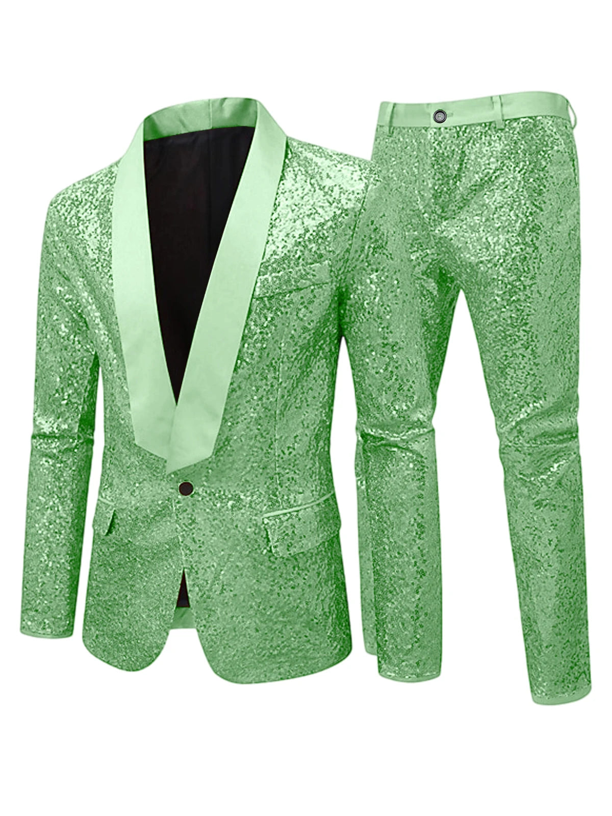 Men's Sequin Tuxedo Suit Set Shiny One Button Satin Patchwork Shawl Lapel Slim Fit 2 Piece Blazer Pants For Wedding Party Prom