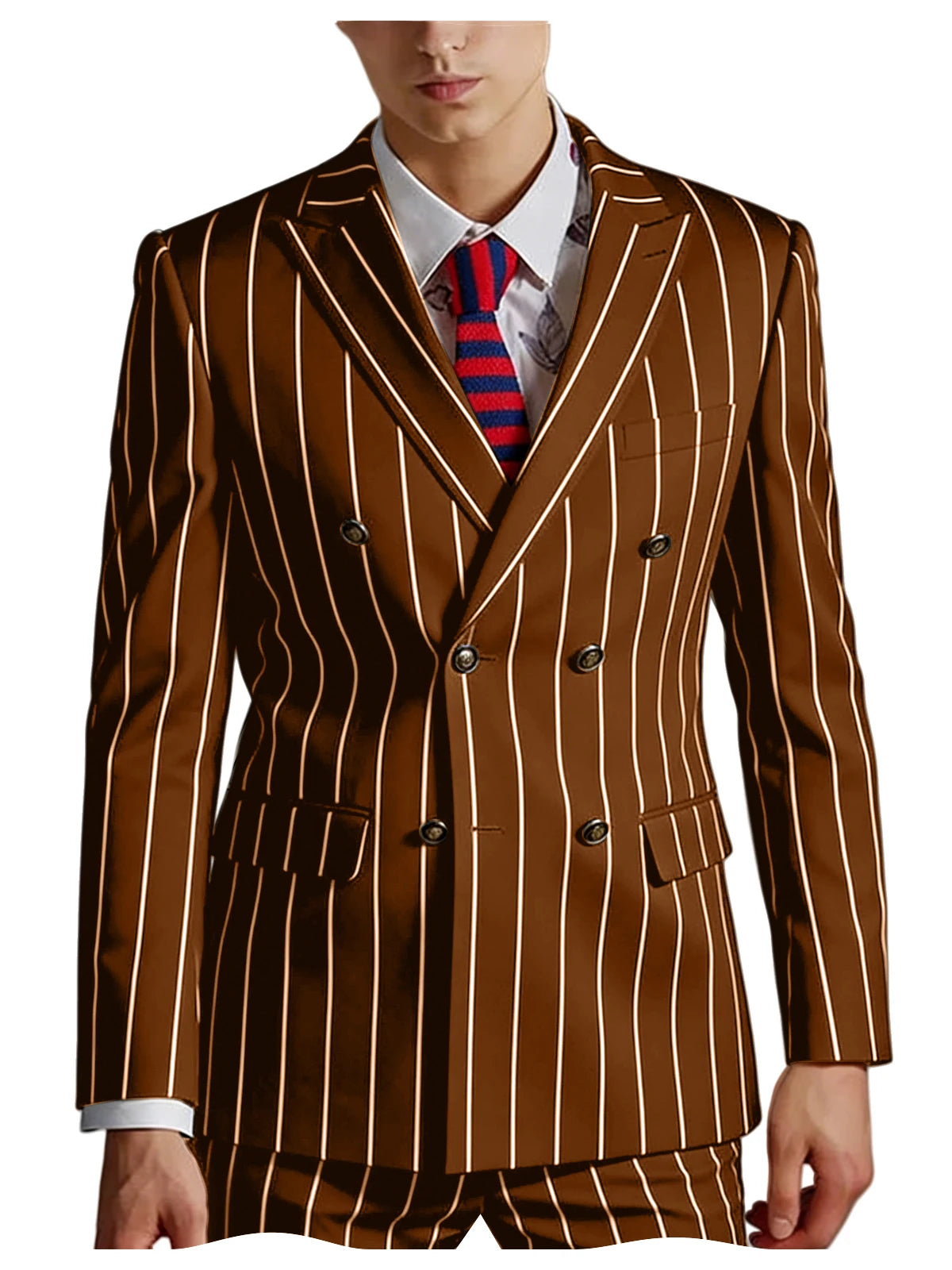 Men's Pinstripe 2 Piece Suit Set Double Breasted Peak Lapel Slim Fit Striped Tuxedo Suit For Wedding Prom Business Formal