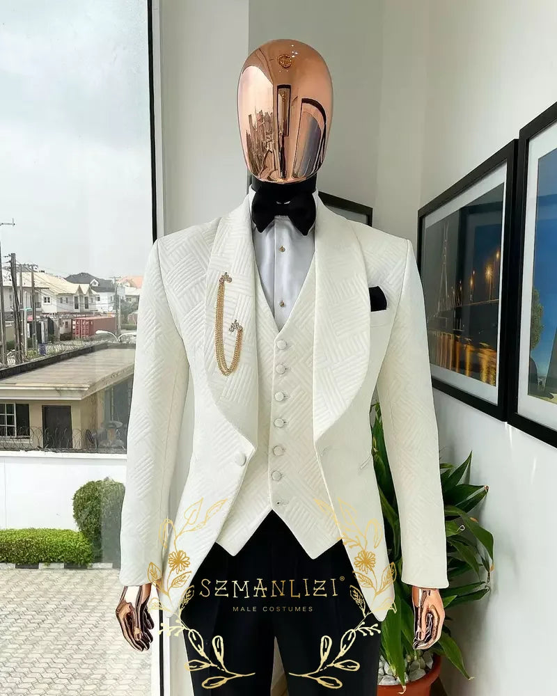 White Plaid Men Suits 3 Piece Jacket Vest Pant Shawl Lapel Formal Outfits Business Office Wear Wedding Party Tuxedos