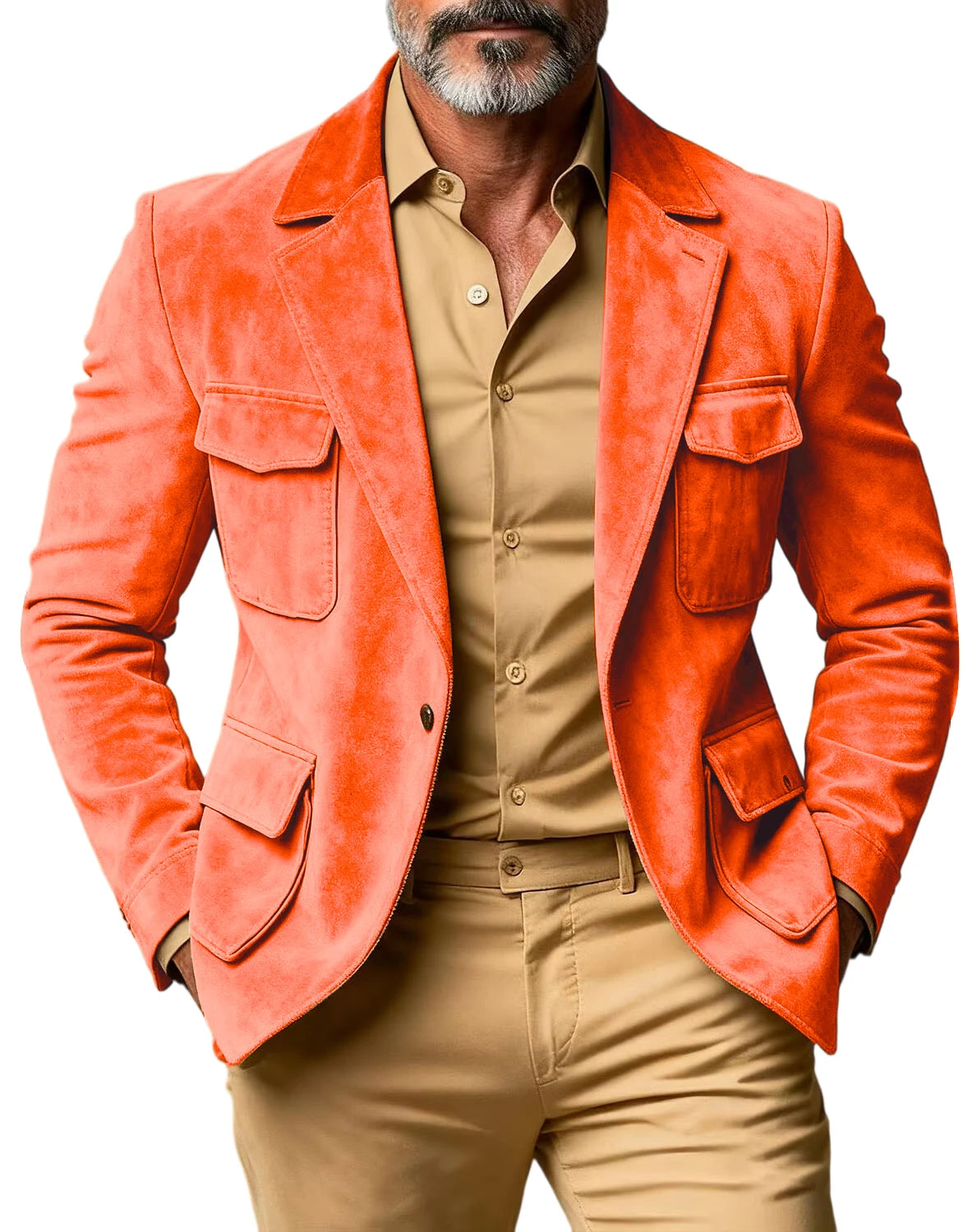 Men's Suede Safari Blazer Slim Fit Notch Lapel Multi-Pocket Hunting Jacket Autumn Winter Casual Business Sport Coat