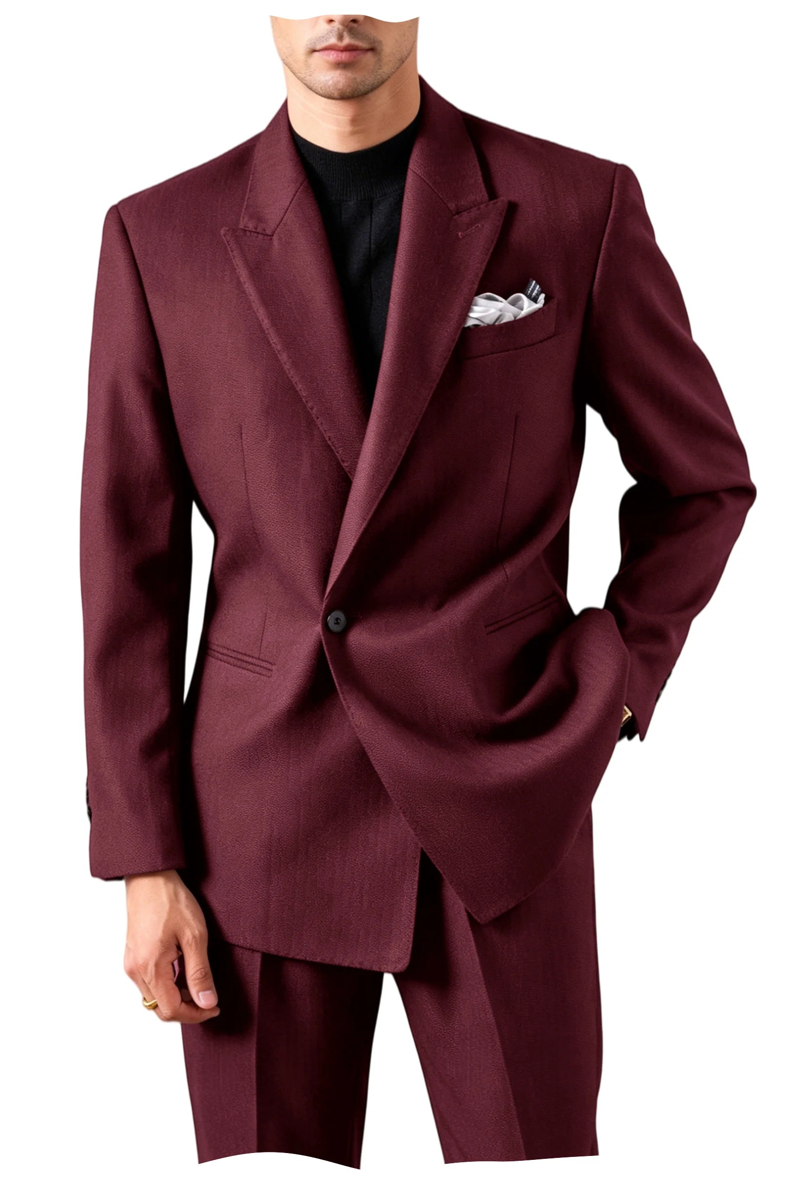 Men's Serge Suit Set Jacket Premium One Button Peak Lapel Slim Fit Tuxedo 2 Piece Blazer Pants Casual Business Wedding Formal