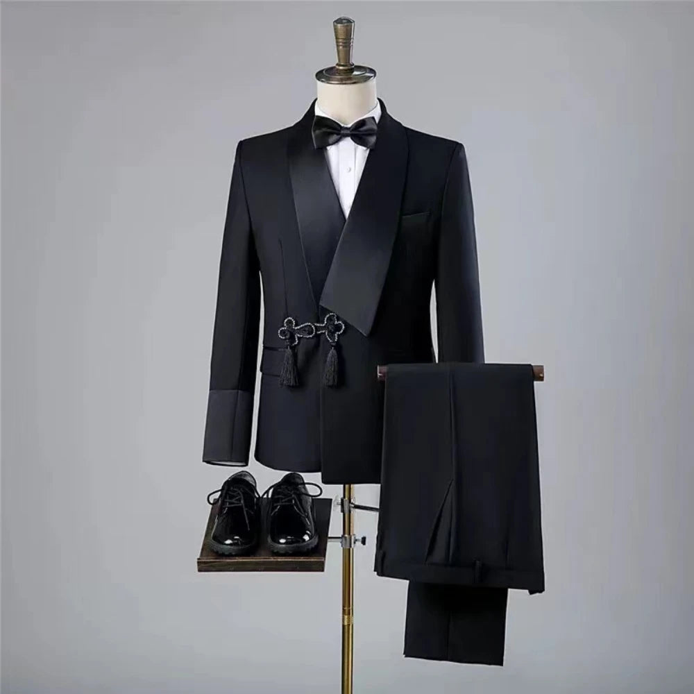 Luxus elegnet Custom Black Anzug für Männer Hochwertige Hochzeit formelle Bräutigam Party Fashion Tuxedos 2 Stück Set Blazers Hosen 2024