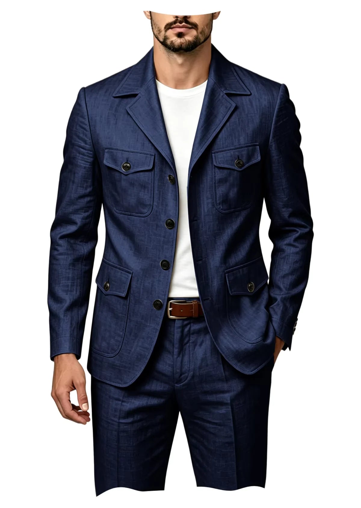 Men's Grey Linen Blend Suit 2 Piece Multi Pocket Peak Lapel Blazer pants Set Lightweight formal Suit for Summer Business Casual