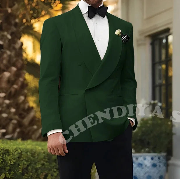 Double Breasted Men Suits Wedding Suit Groom Elegant Shawl Lapel 2 piece Slim Fit Man Set Jacket With Black Pants Formal Blazer