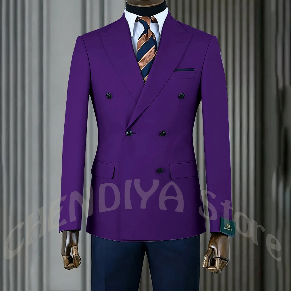 Stylish Men Suits Contrast Color Formal Blazer Male Clothing Double Breasted Business Casual Party Prom Jacket Pants Navy Blue