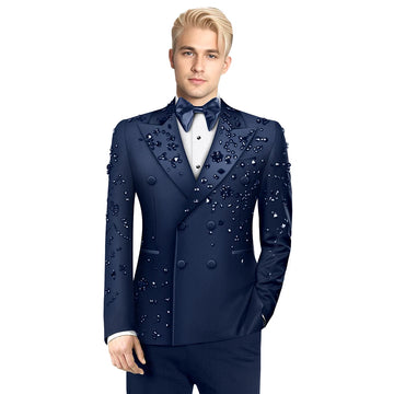 Olibexley 2 Pieces Suits for Men Beads Decoraction Party Jacket+Pants Groom Wedding Blazer Formal Party Prom Suits