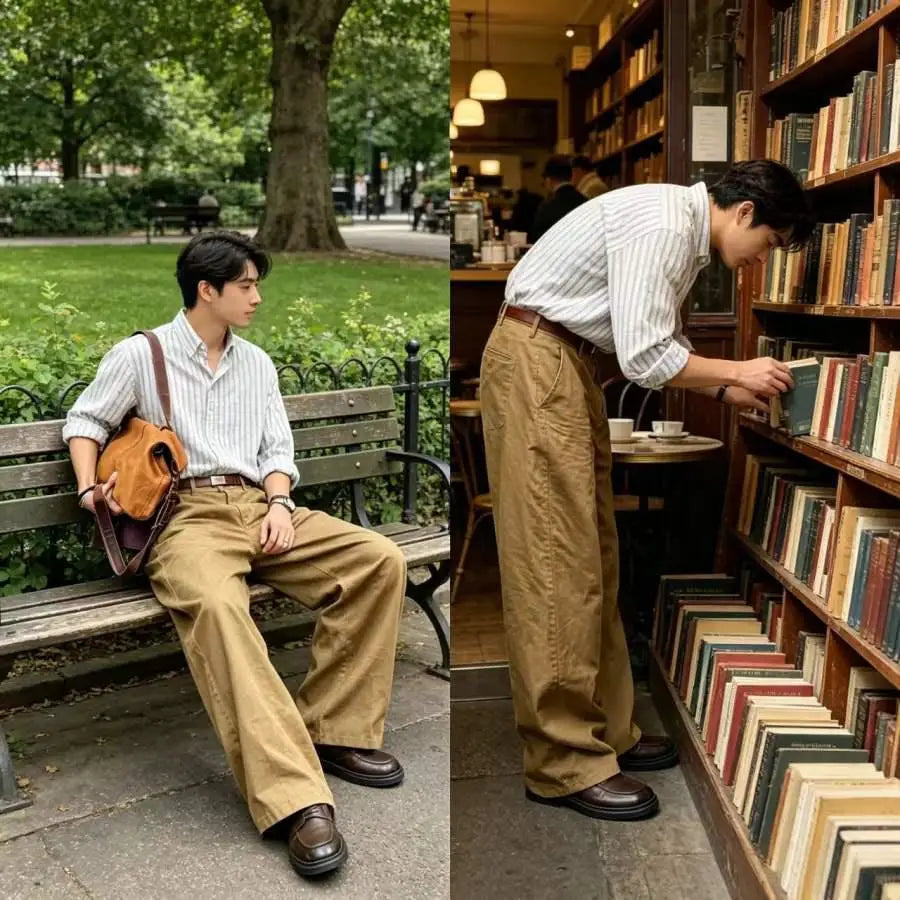 Men's Wide Leg Pants Casual Loose Fit Chino Trousers Vintage Streetwear Baggy Trousers for Daily Wear