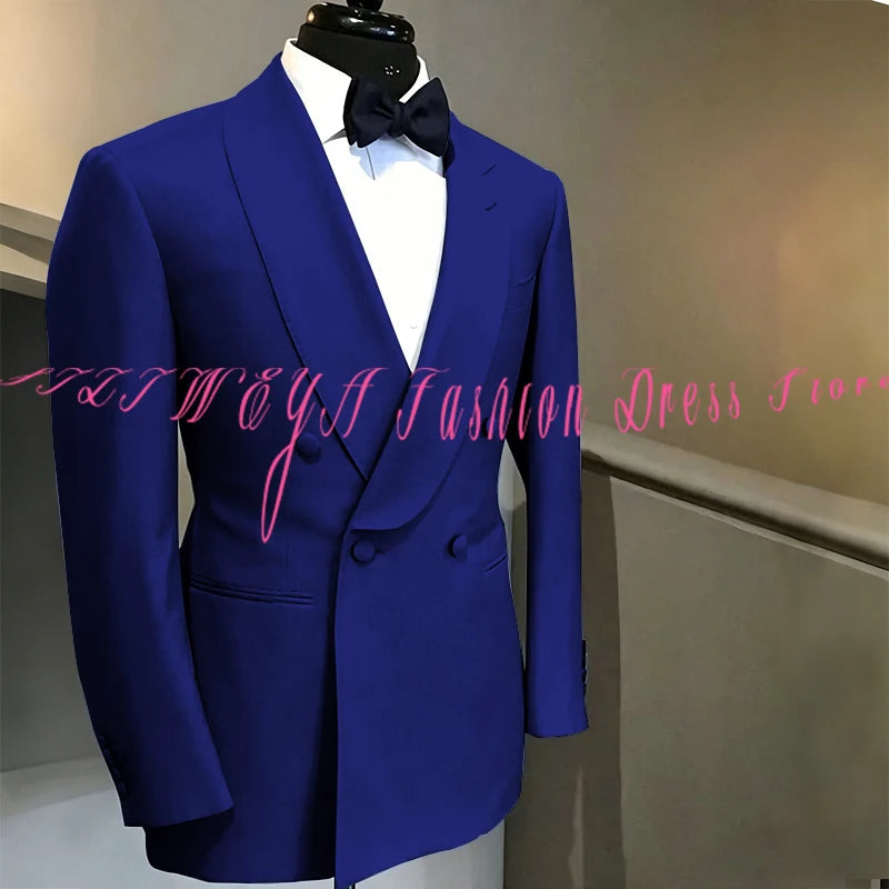 Blue Double Breasted Men's Suit Wedding Groom Tuxedo High Quality Boutique Male Clothing Jacket+Pants