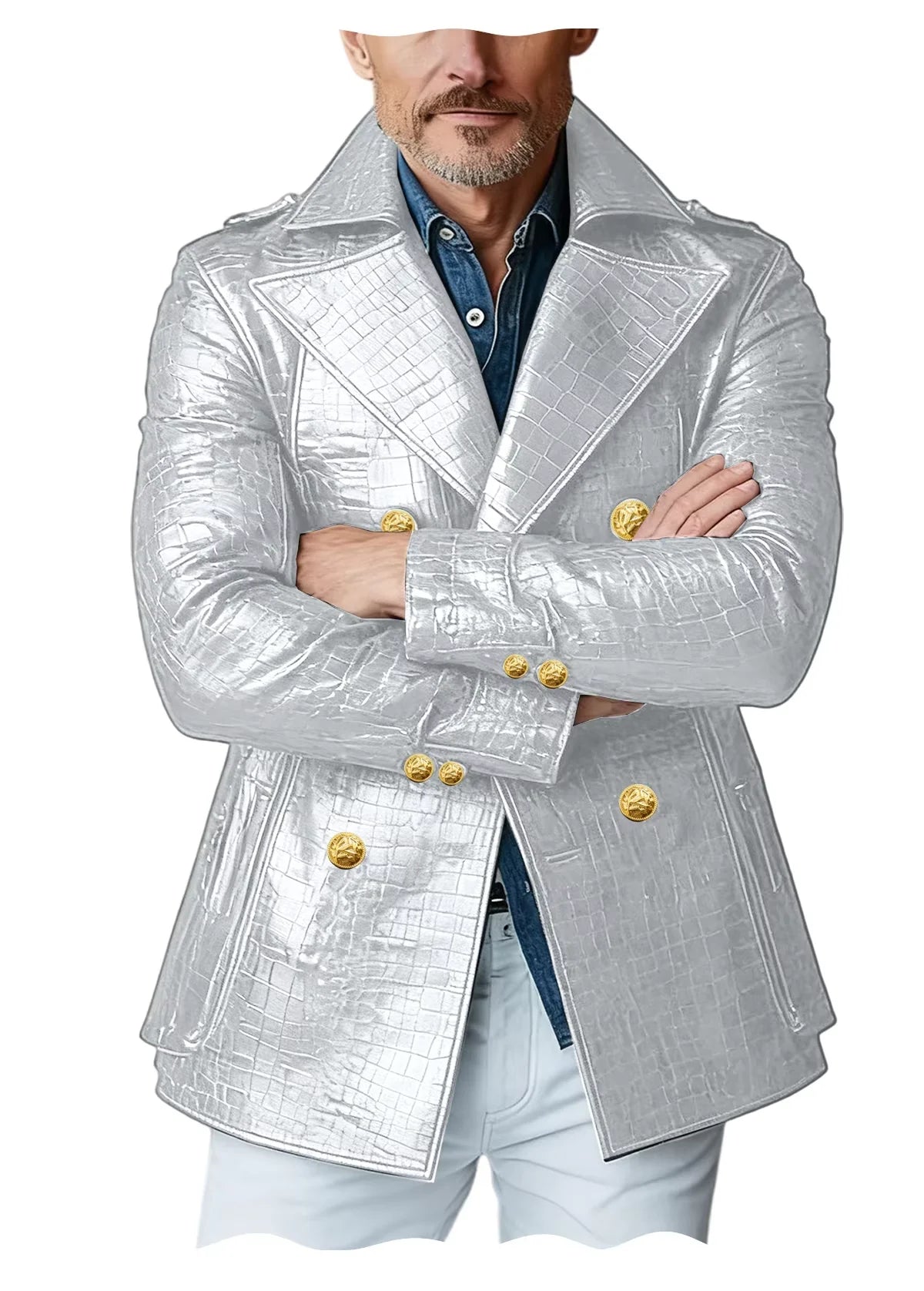Men's Crocodile Embossed Leather Peacoat Double Breasted Gold Button Jacket Luxury Casual Overcoat