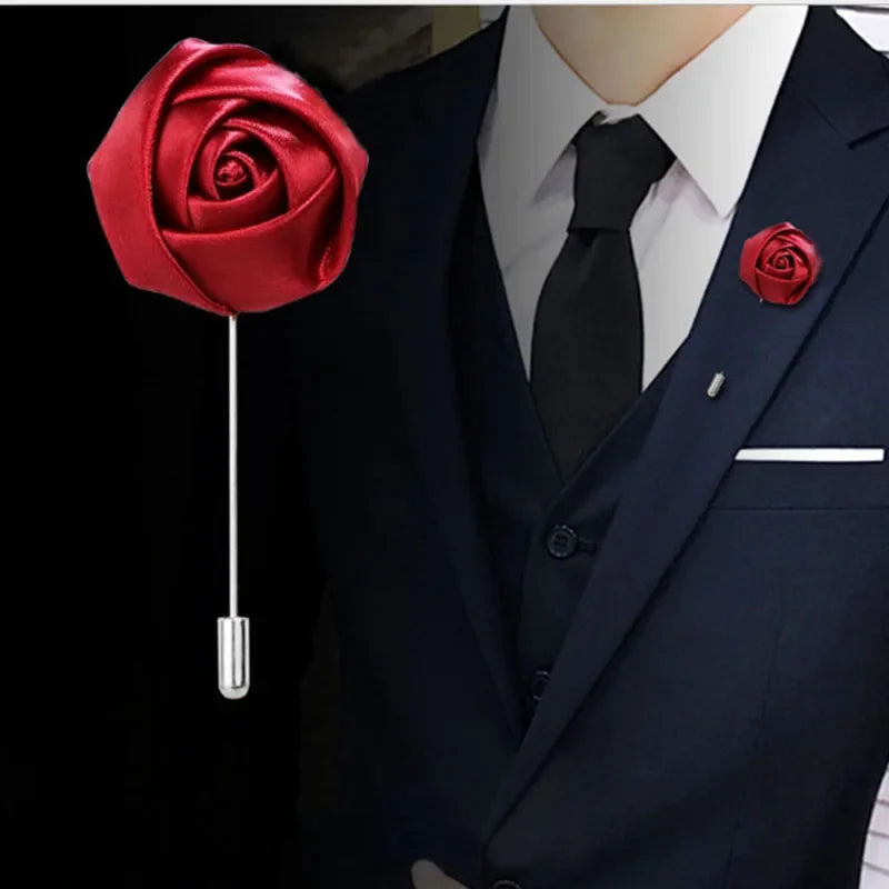 Men Boutonnieres for Wedding Groom Corsage Lapel Pins Ribbon Roses Flower Mensuit Buttonhole Brooch Marriage Accessories