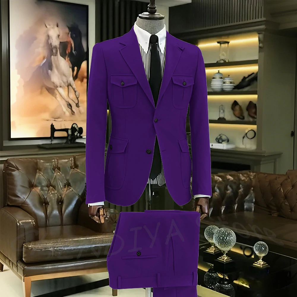 Customized Men Suits Solid Color Four Pockets Notch Lapel Outfits Formal Party Prom Daily Male Sets Two Piece(Blazer+Pants)