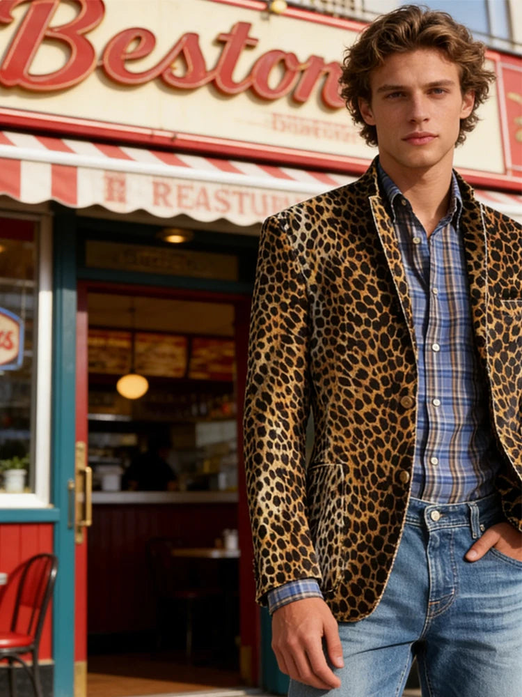 High-Quality Men's Suit Jacket New Leopard Print Velvet Single Breasted Men's Suit Coat Wild And Trendy Handsome Men's Blazer