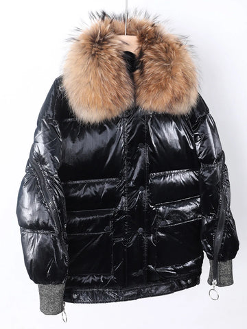 2025 New Maomaokong Women's down Jacket Glossy Black with Fur Collar Quilted Warmth Coat Stylish Outdoor Winter Clothing