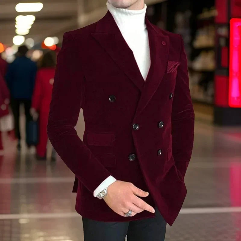 Italian Style Men Suit Jacket Slim Fit 1 Piece Peak Lapel Velvet Smoking Male Fashion Blazer Double Breasted Wedding Suit 2025