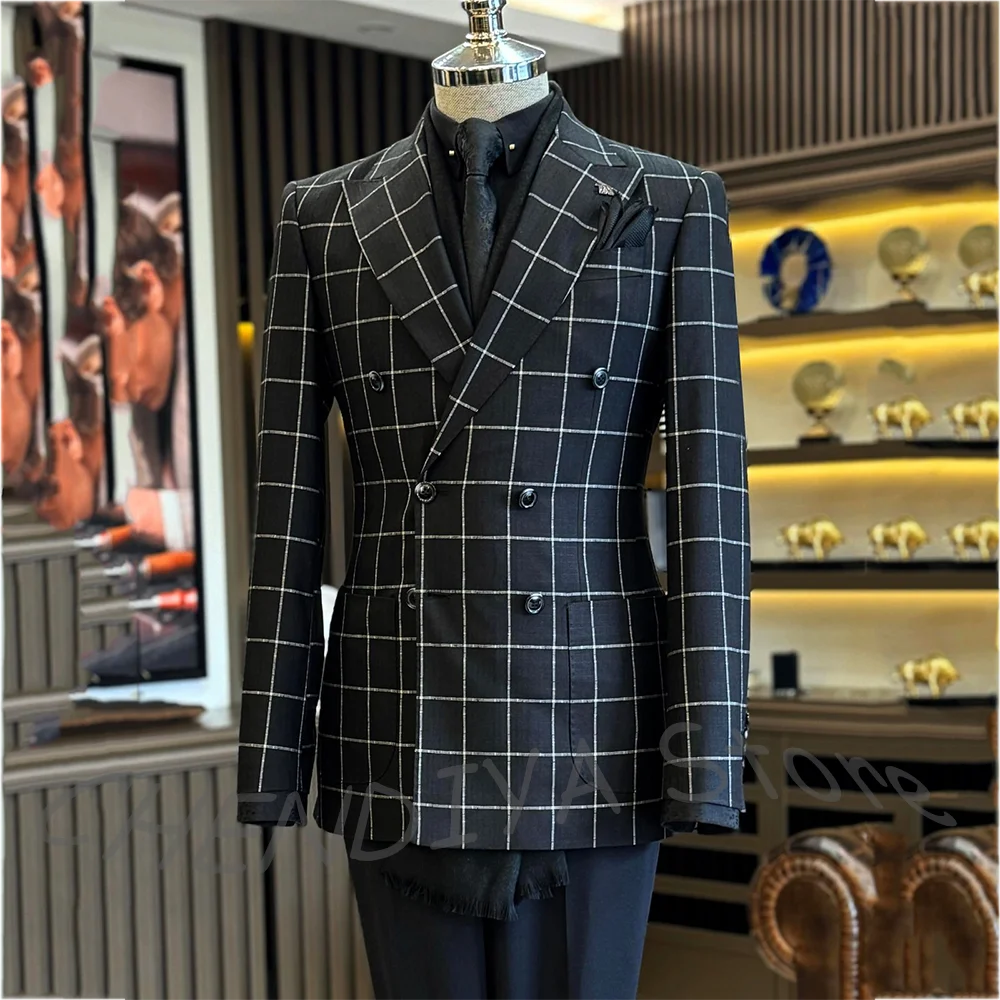 Customized Full Men's Suit Stylish Plaid High Quality Peaked Lapel Double Breasted Business Office Casual Blazer Set Two Pieces