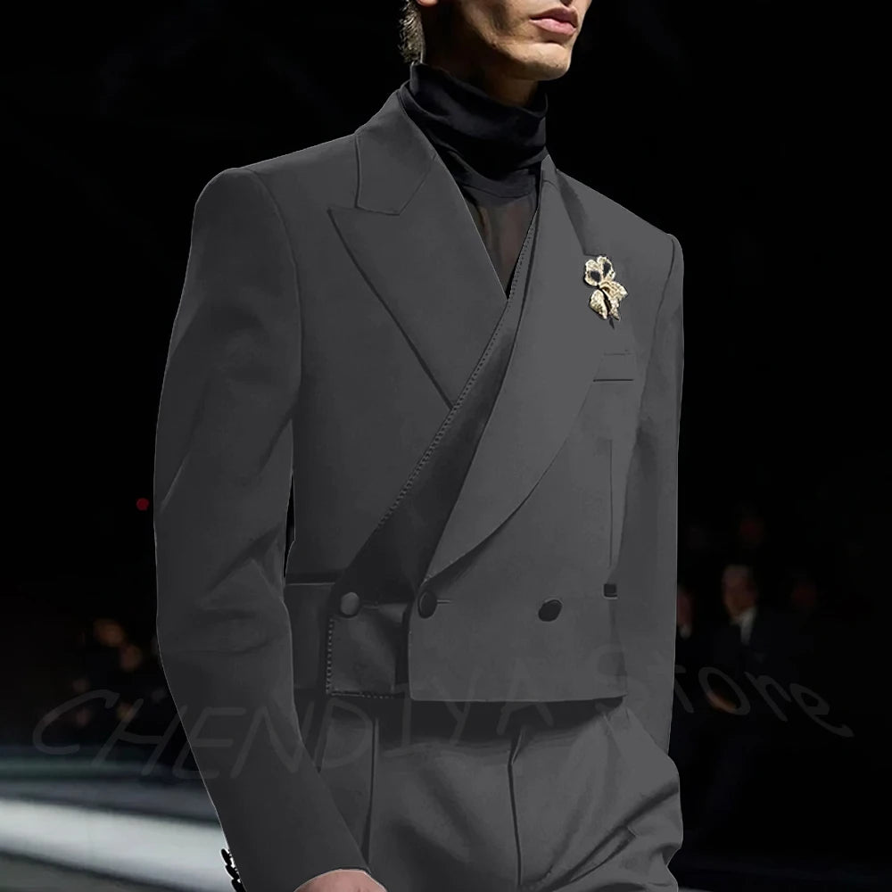 Classic Black Men's Suits Incline Button Peak Lapel Formal Blazer Smart Casual Model Show Evening Party Prom Wedding Set
