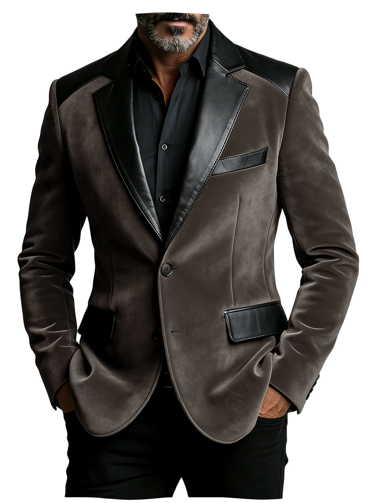 Men's Velvet Blazer with Leather Patchwork Slim Fit Two Button Peak Lapel Suit Jacket for Business Wedding Party Flap Pockets
