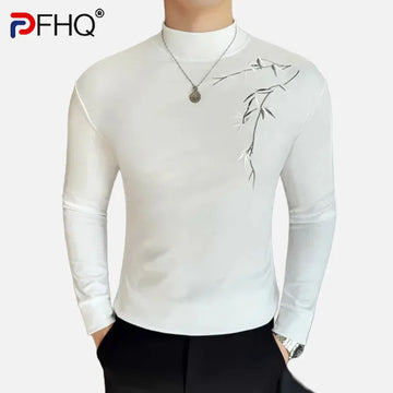 PFHQ Embroidery Bamboo Men's T-shirts Mock Neck Contrast Color Slim Casual Chinese Style Menswear Pullover Male Tees 21Z9026