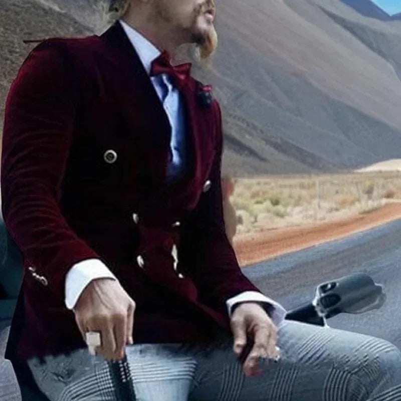 Burgundy Velvet Smoking Jacket For Men Slim Fit Double Breasted Casual Suit Blazer 1 Pcs Groom's Fashion Coat 2025