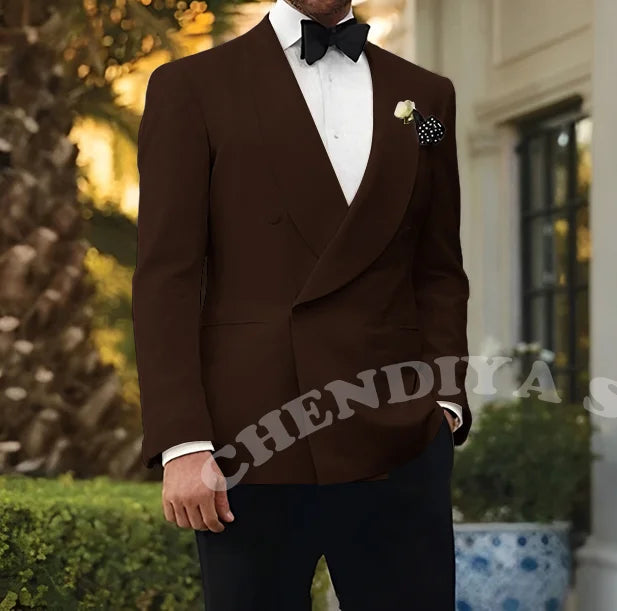 Double Breasted Men Suits Wedding Suit Groom Elegant Shawl Lapel 2 piece Slim Fit Man Set Jacket With Black Pants Formal Blazer