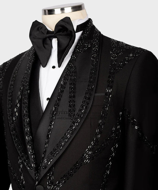 Luxury Metallic Jewelry Ornament Tuxedos Men Suits 3 Pieces Wedding Groom Dinner Party Male Prom Blazers Ternos Completo