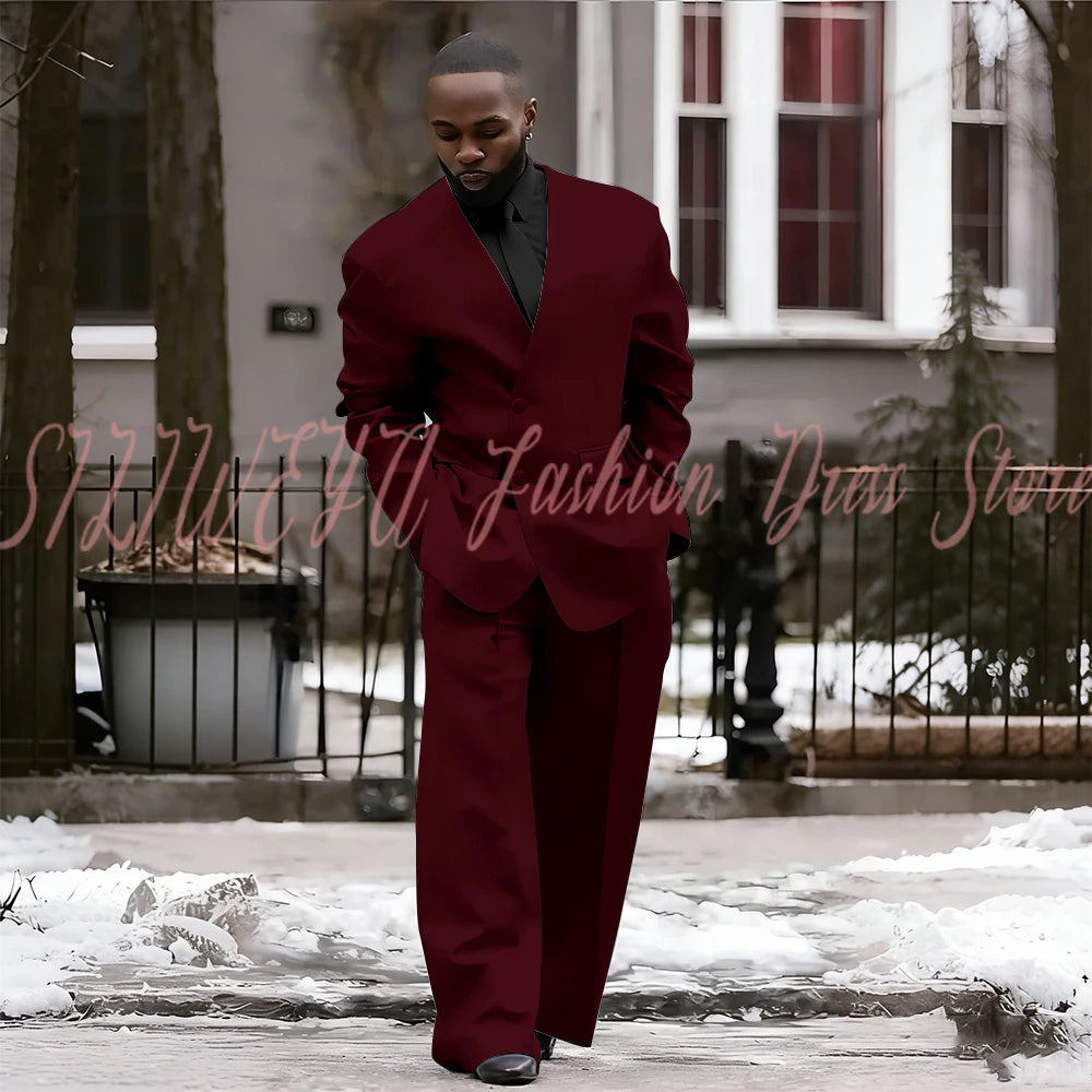 Single Breasted Red Men's Suit 2 Pieces Jacket Pants Loose Style Business Casual Work Commute Daily Social Blazer Set