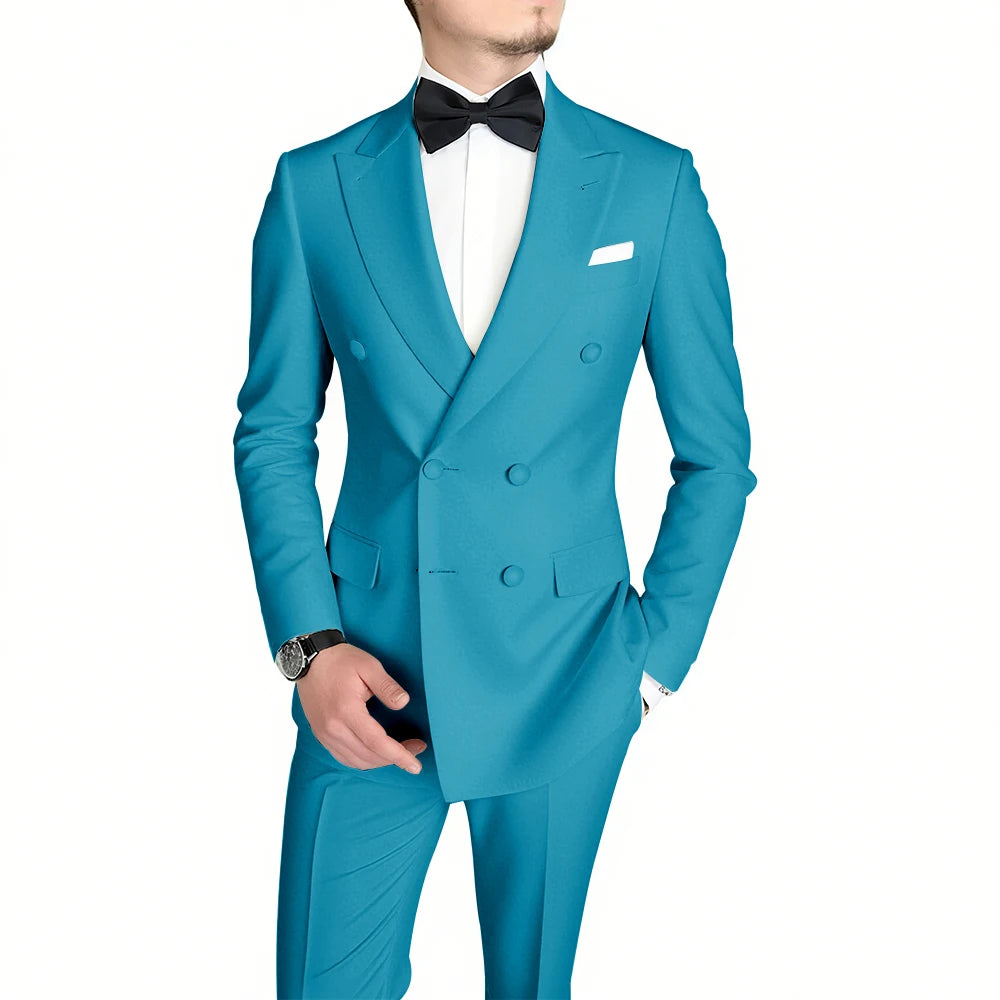Classic Black Men's Suit Fashion Peak Lapel Double Breasted Outfits Wedding Groom Prom Business Formal Suit (Jacket+Pants)