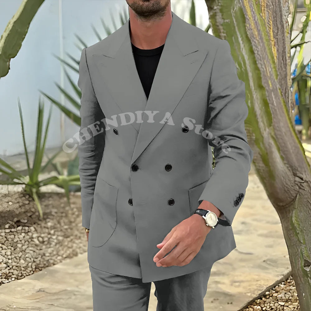Fashion Men's Suits Black Notch Lapel Double Breasted Classic Smart Casual 2 Piece Prom Party Wedding Tuxedo Slim Costume Homme