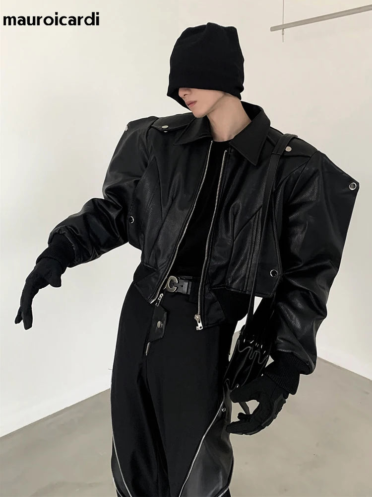 Mauroicardi Spring Autumn Cool Handsome Short Oversized Black Pu Leather Jacket Men with Shoulder Pads Long Sleeve Zipper 2023
