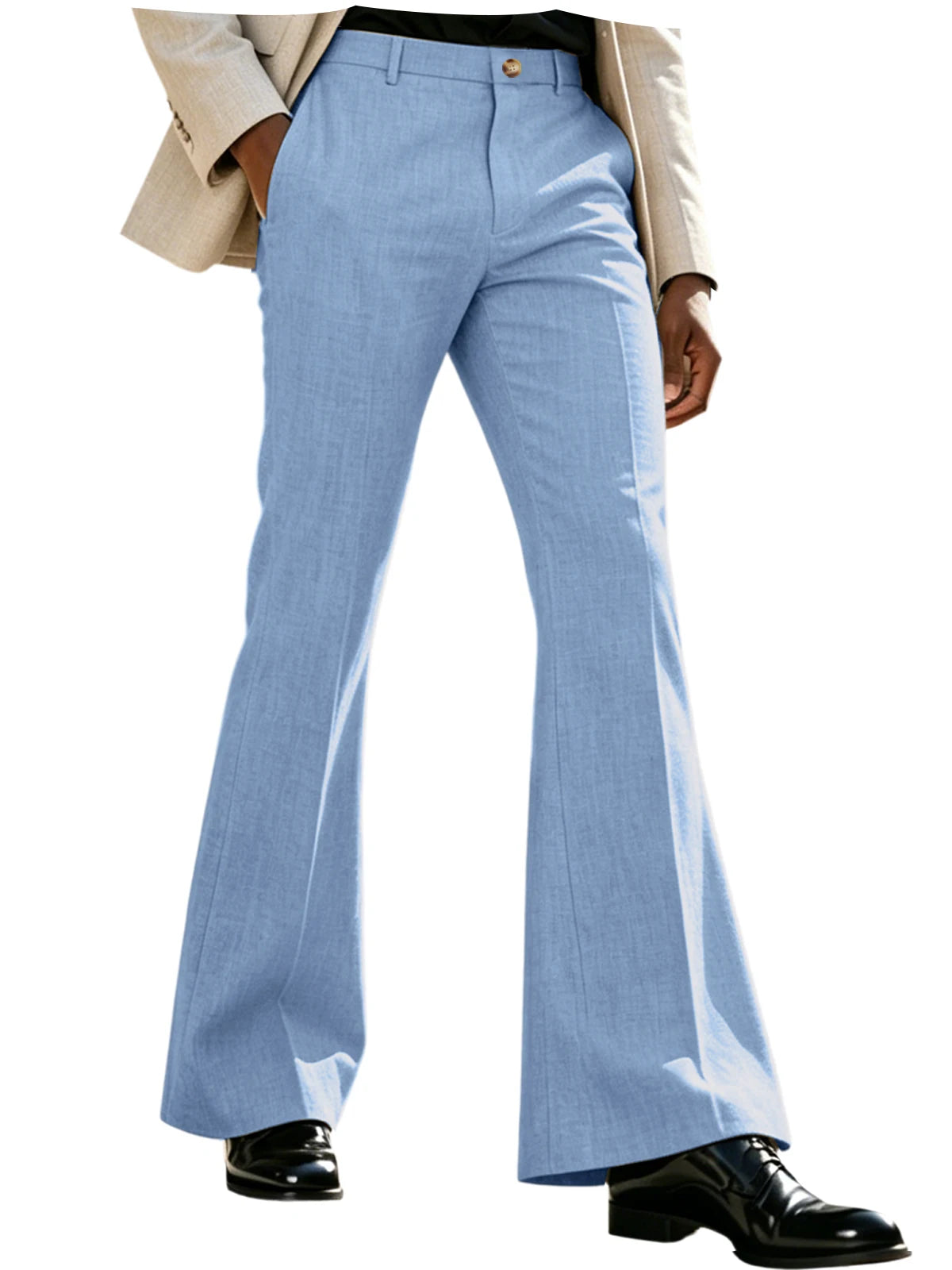 Men's Beige Linen Flare Pants High Waist Bell Bottom Lightweight Wrinkle Resistant Slim Fit Trousers For Summer Business Casual
