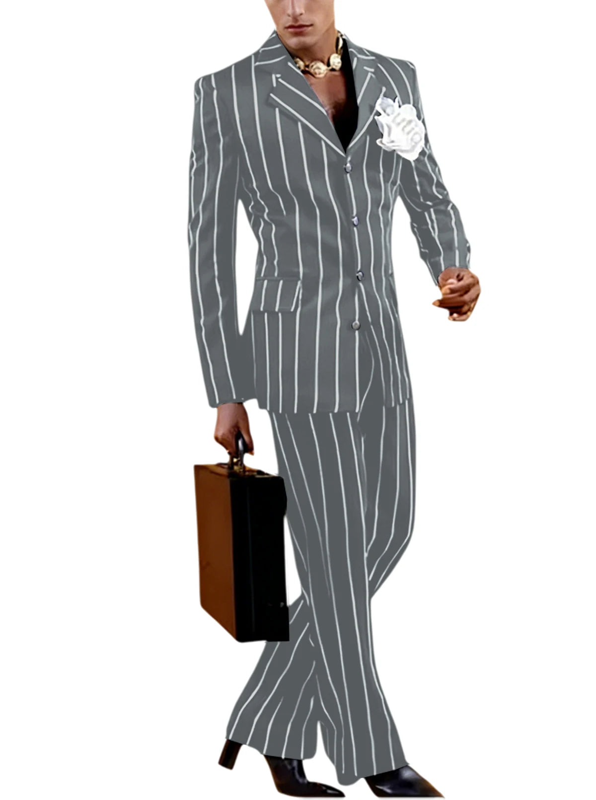 Men's Vintage Pinstripe 2 Piece Suit Set Double Breasted Peak Lapel Slim Fit Blazer Flared Pants Tuxedo For Wedding Prom