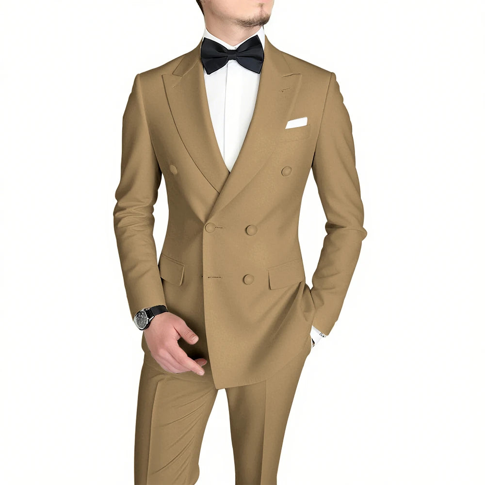 Classic Black Men's Suit Fashion Peak Lapel Double Breasted Outfits Wedding Groom Prom Business Formal Suit (Jacket+Pants)