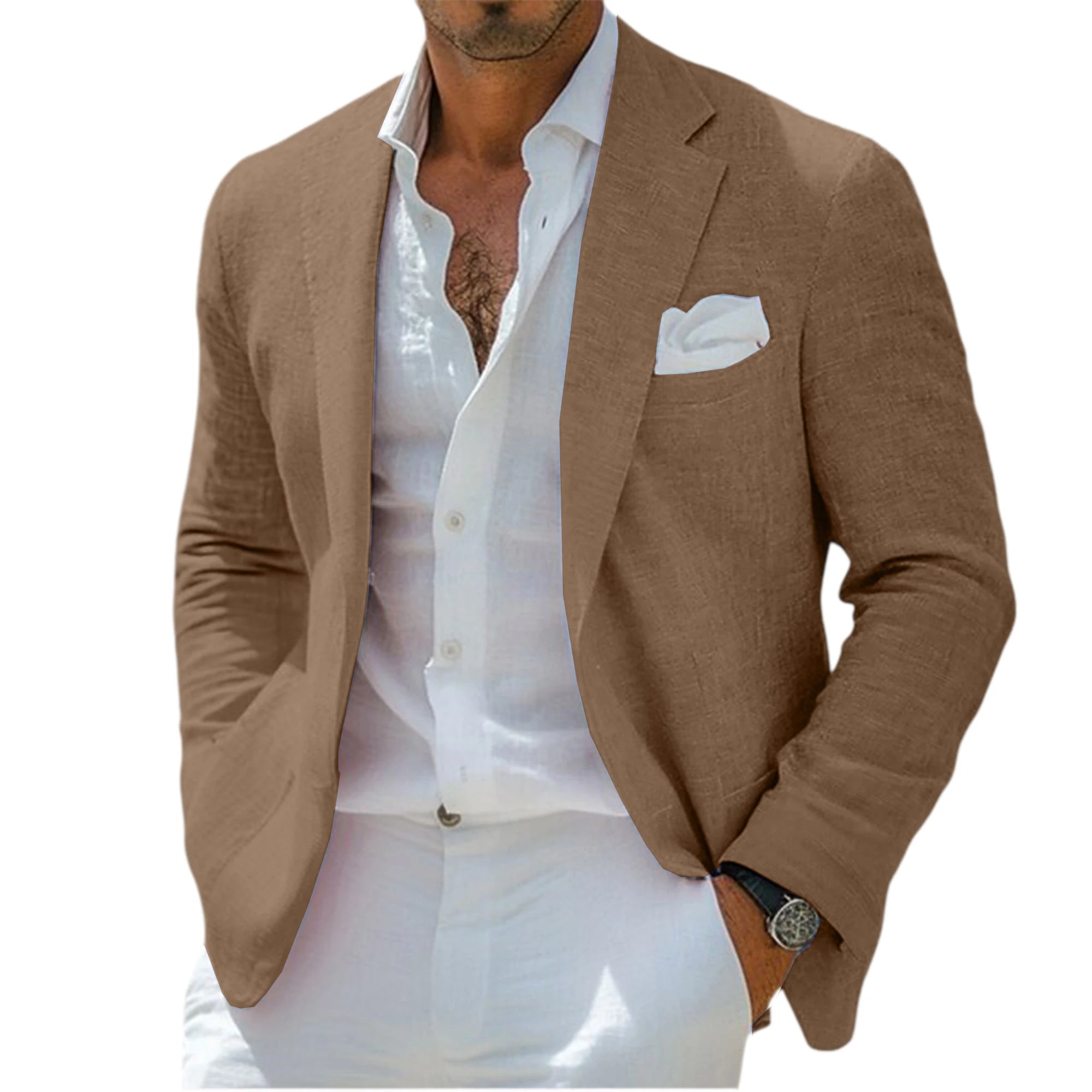 Men's Linen Blend Blazer Notched Lapel Single-Breasted Casual Business Sport Coat Slim Fit Breathable Lightweight Jacket