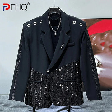 PFHQ Fashionable Metal Ring Decoration Sequin Splicing Design Suit Jacket New Korean Patchwork Long Sleeve Male Tops 21Z6071