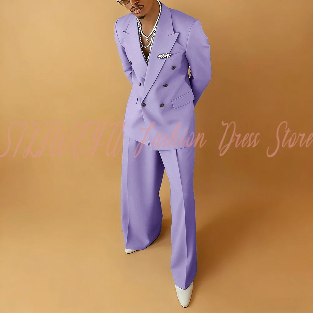Double Breasted Men Solid Color Suit 2 Pieces Jacket Pants Business Casual Social Party Male Clothing Best Man Costumes Hommes
