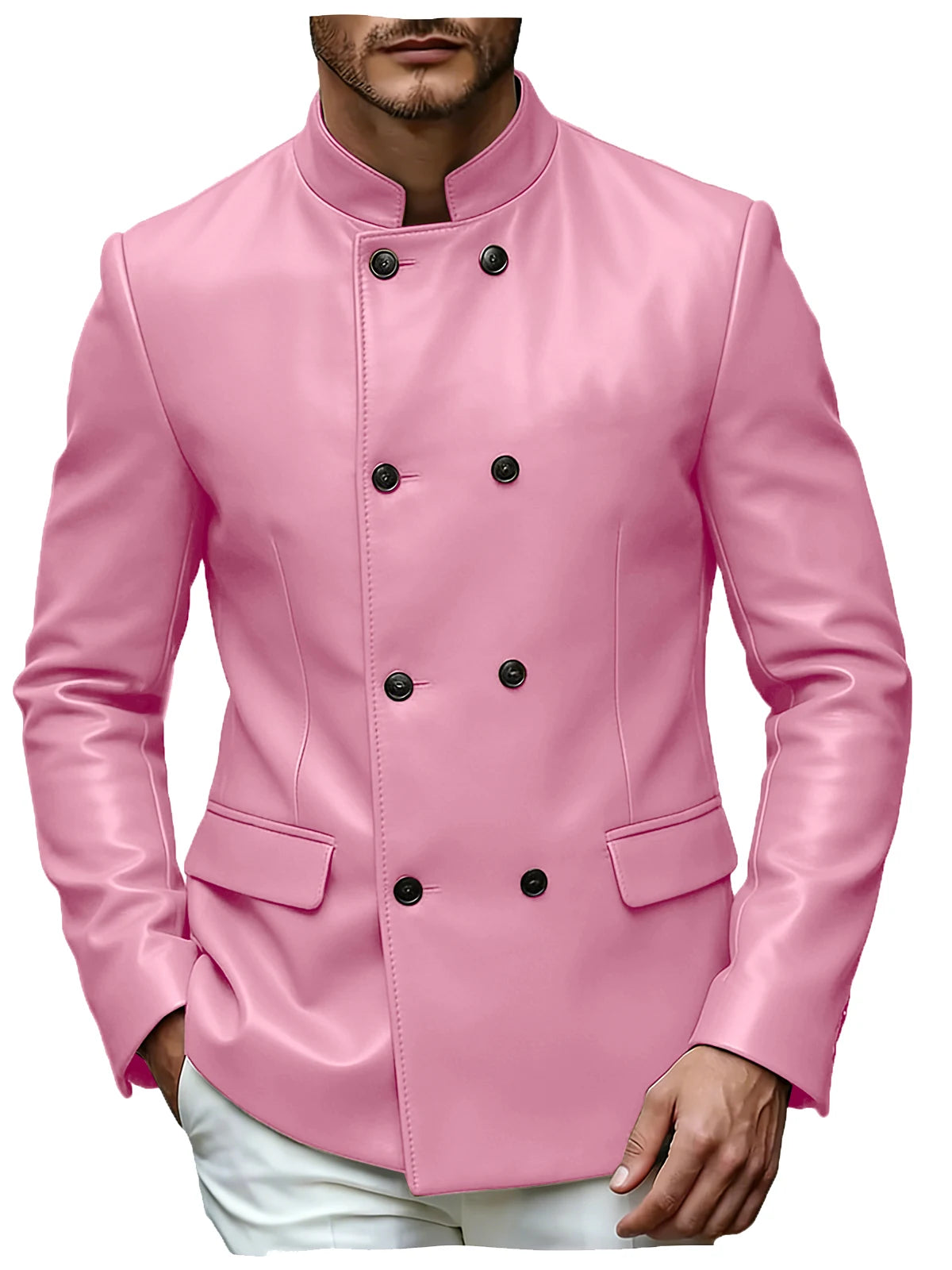 Men's Blazer Stand Collar Faux Leather Jacket High Quality Double Breasted Slim Fit Casual Coat For Business Office Outerwear
