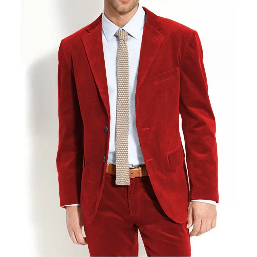 Men's Velvet Suit Vintage Solid Color Slim Fit Notched Lapel 2 Piece Jacket Pants Formal Set For Groom Wedding Business Casual