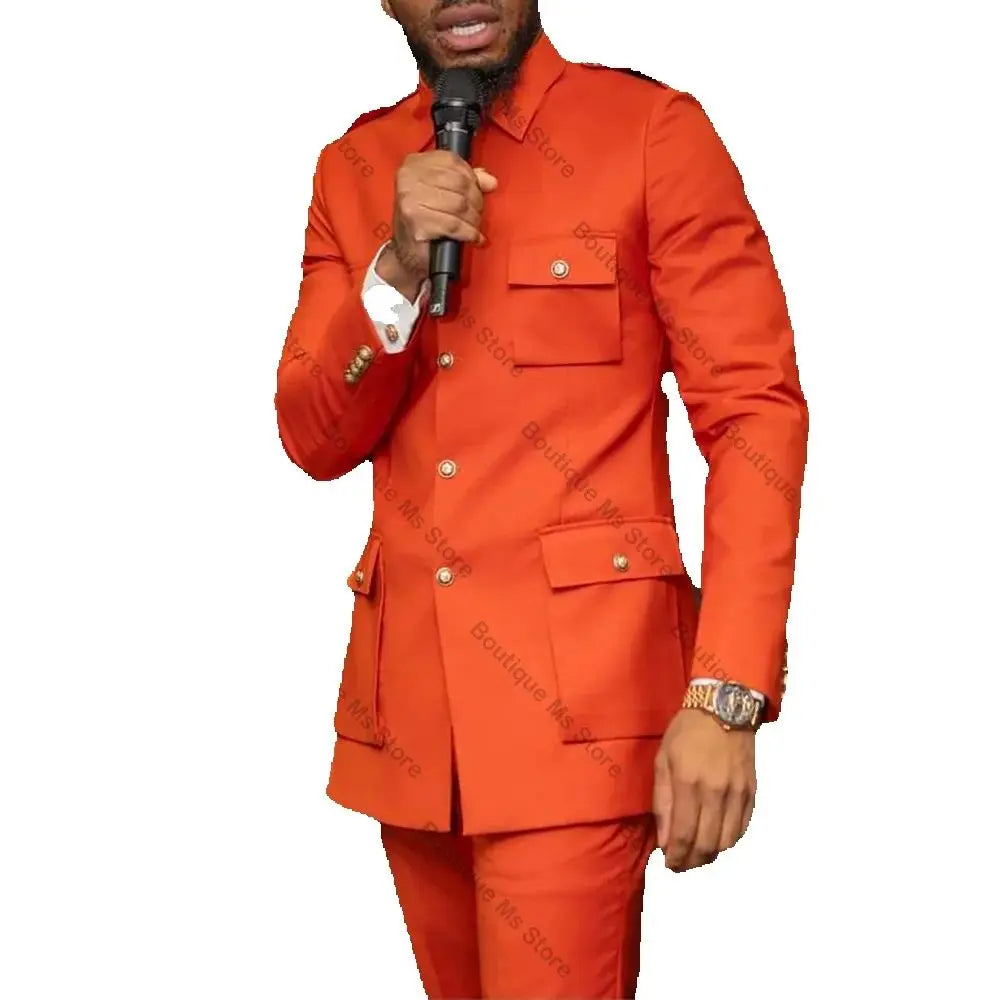 Chic Bright Orange Single Breasted Men Suit Two Pieces(Jacket+Pants) Outfits Casual Party Prom Wedding Set