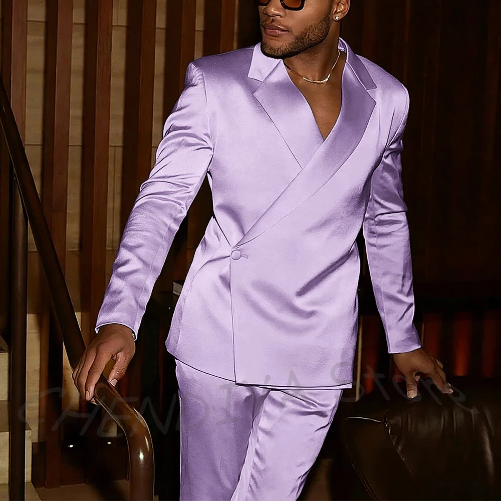 Fashion Notch Lapel Satin Men Suit High Quality Single Button Slim Fitted Outfit Jacket Pants Model Show Party Prom Male Set
