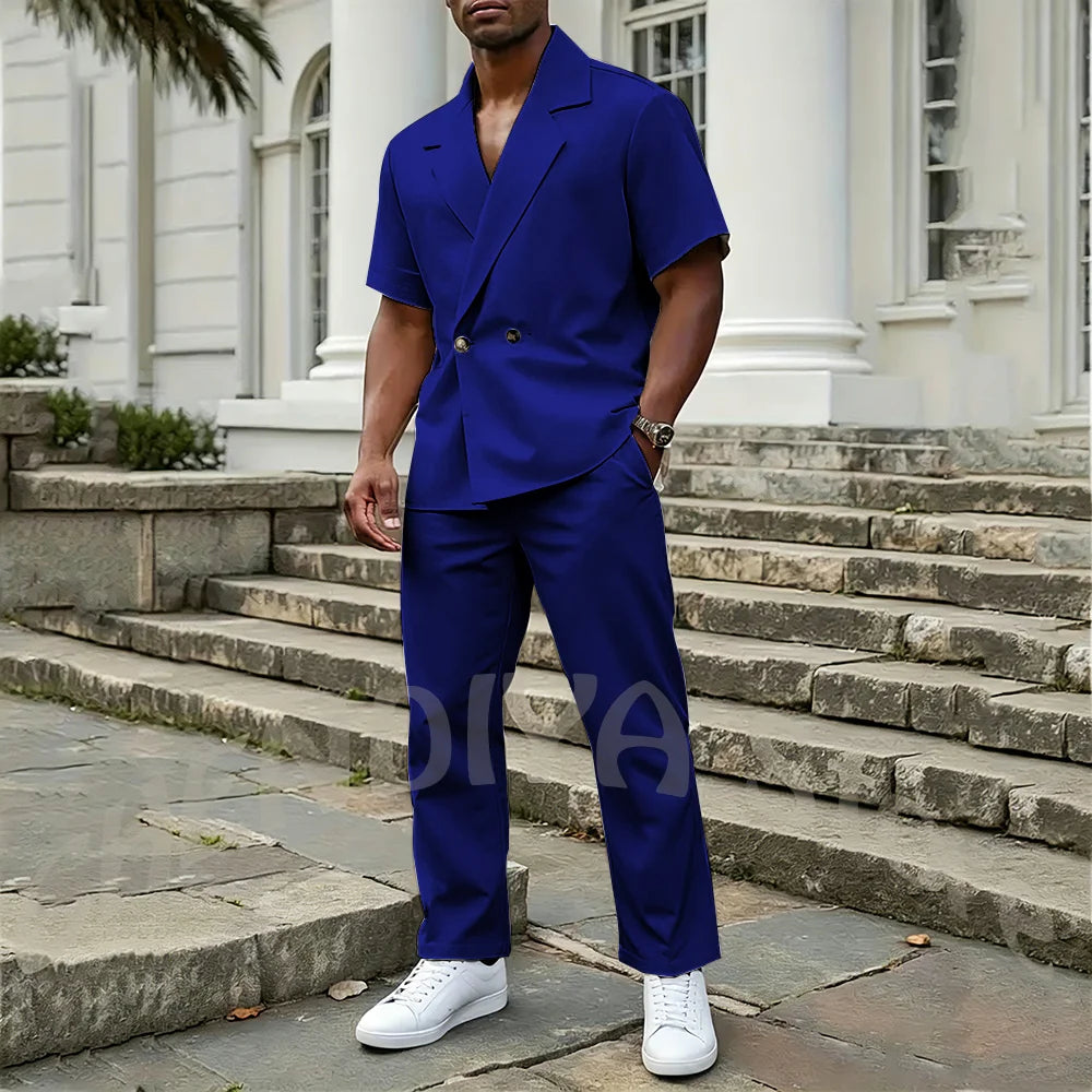 Stylish Men's 2 Piece Sets Notch Lapel Double Button Short Sleeves Blazer Suit Straight Fit Summer Casual Fashion Outfit