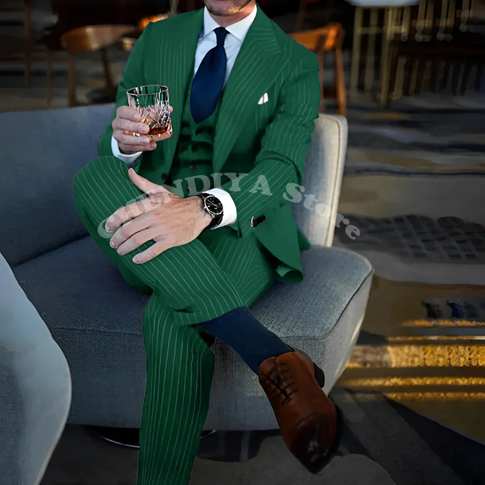Chic Blue Pinstripe Men Suits Fashion Peak Lapel Business Casual Male Suit Elegant Wedding Groom Tuxedo Slim Fit 3 Piece Set